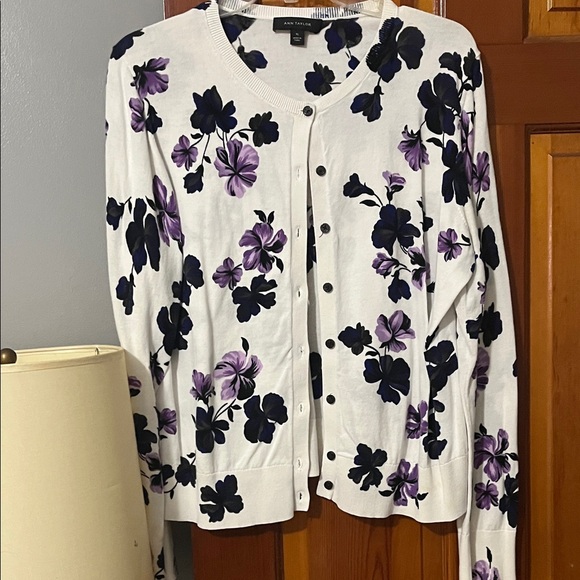 Ann Taylor Sweaters - Ann Taylor White and Purple Floral Cardigan